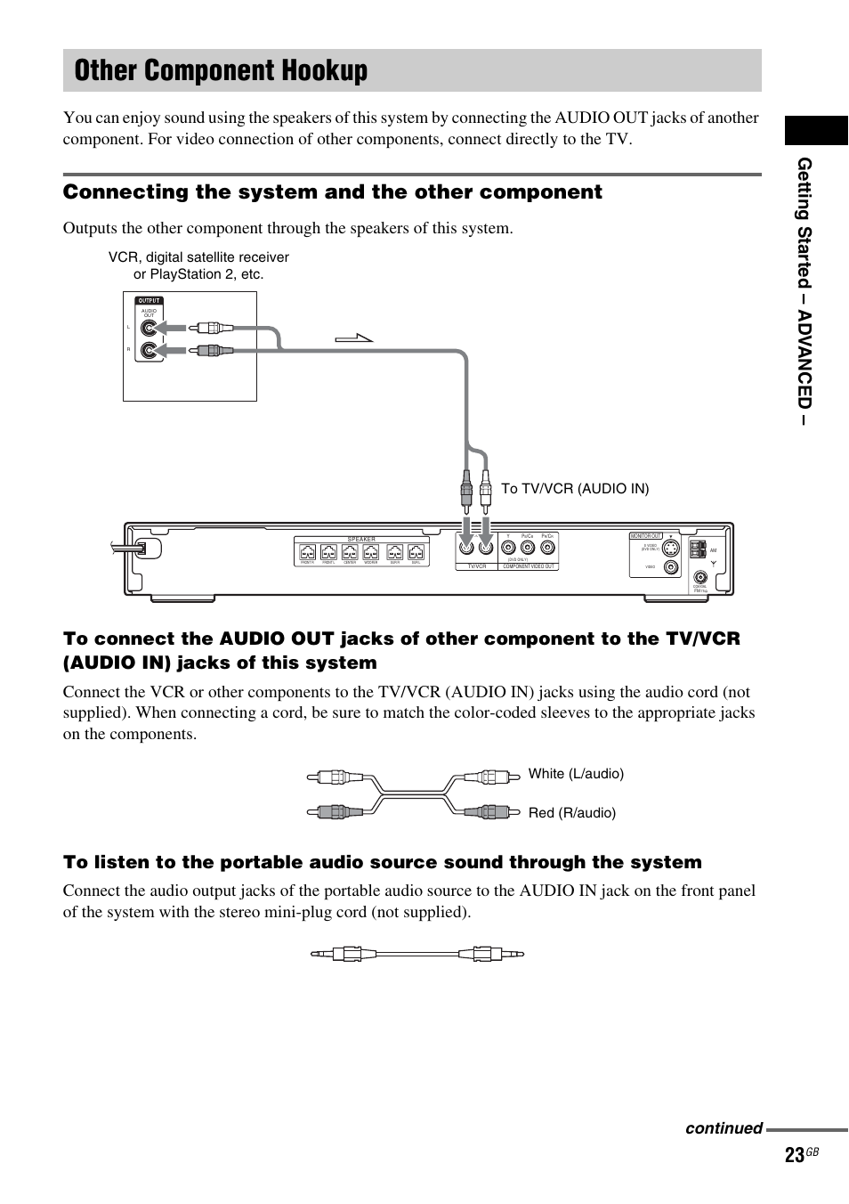Other component hookup, Connecting the system and the other component, Getting star ted – ad v anced | Continued | Sony DAV-DZ120 User Manual | Page 23 / 96