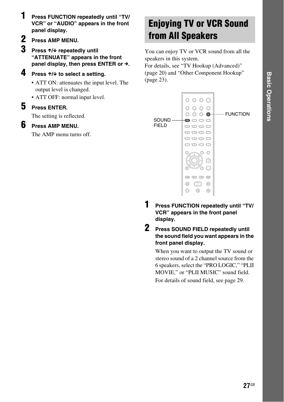 Enjoying tv or vcr sound from all speakers, Enjoying tv or vcr sound from all, Speakers | Sony DAV-DZ120 User Manual | Page 27 / 96
