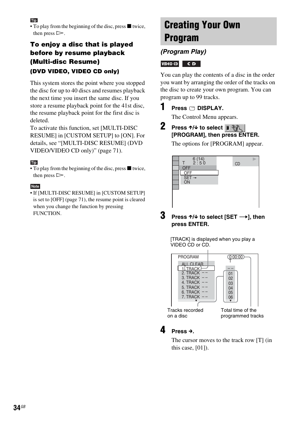 Creating your own program, Program play) | Sony DAV-DZ120 User Manual | Page 34 / 96