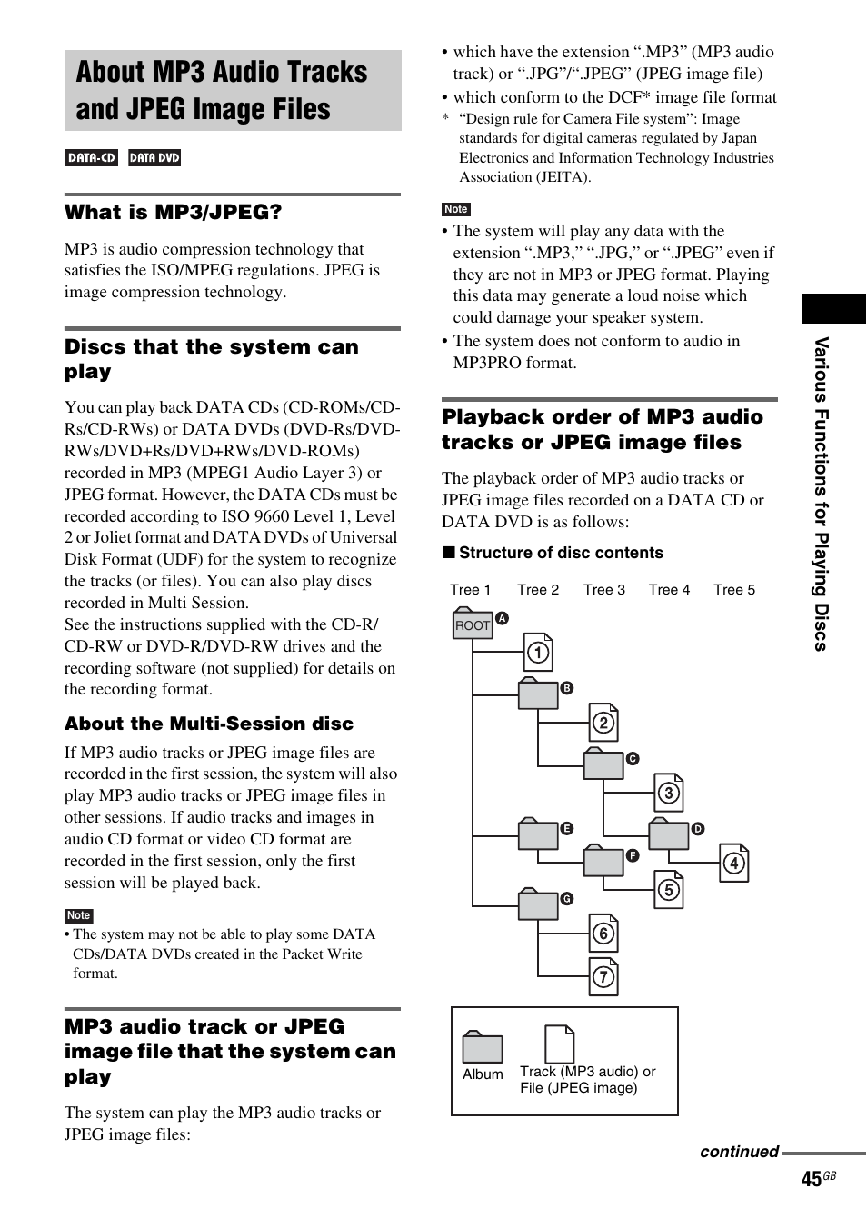 About mp3 audio tracks and jpeg image files, What is mp3/jpeg, Discs that the system can play | About mp3 audio tracks and jpeg, Image files | Sony DAV-DZ120 User Manual | Page 45 / 96