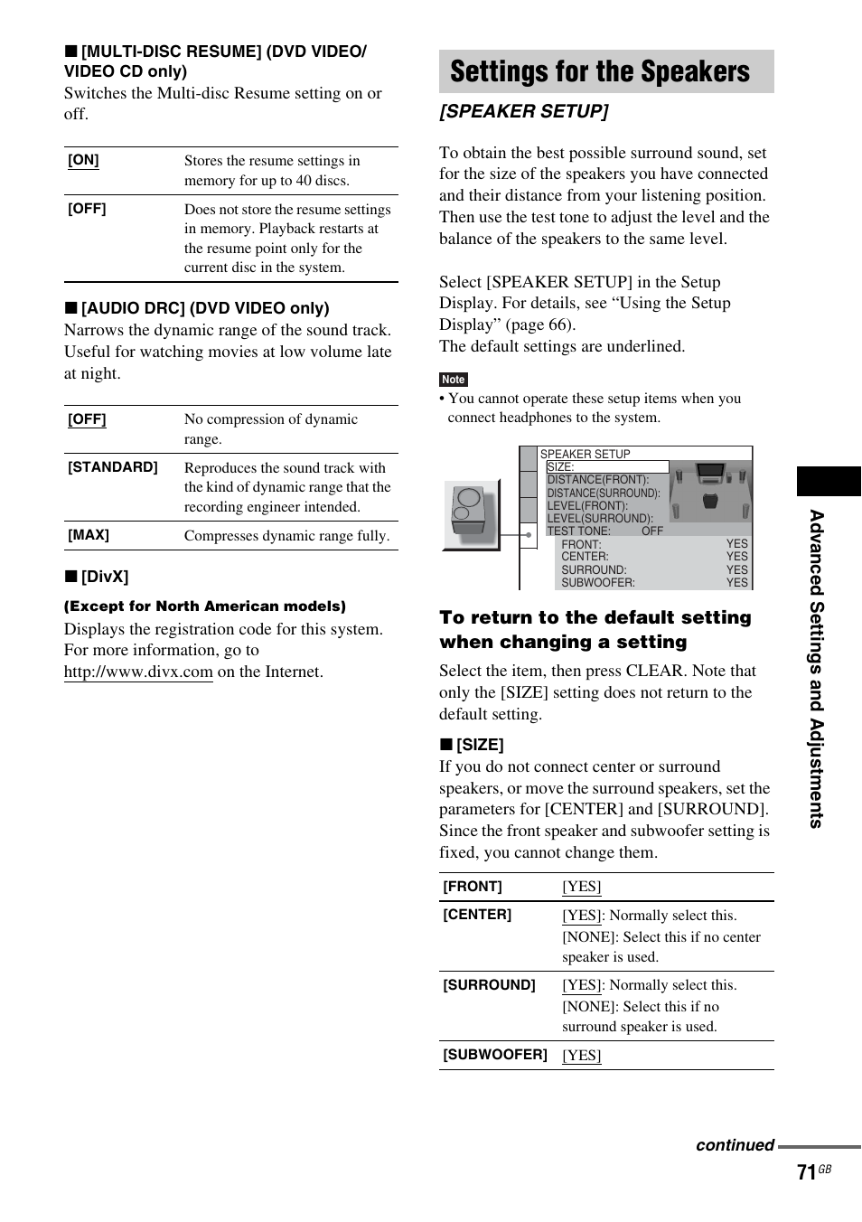 Settings for the speakers, Speaker setup | Sony DAV-DZ120 User Manual | Page 71 / 96