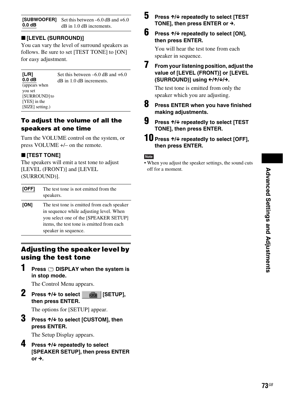 Adjusting the speaker level by using the test tone | Sony DAV-DZ120 User Manual | Page 73 / 96