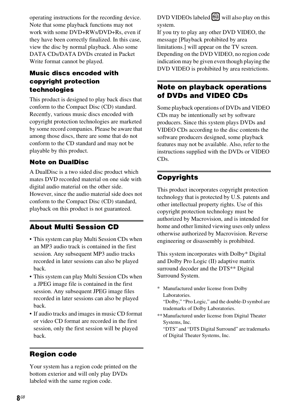 About multi session cd, Region code, Note on playback operations of dvds and video cds | Copyrights | Sony DAV-DZ120 User Manual | Page 8 / 96