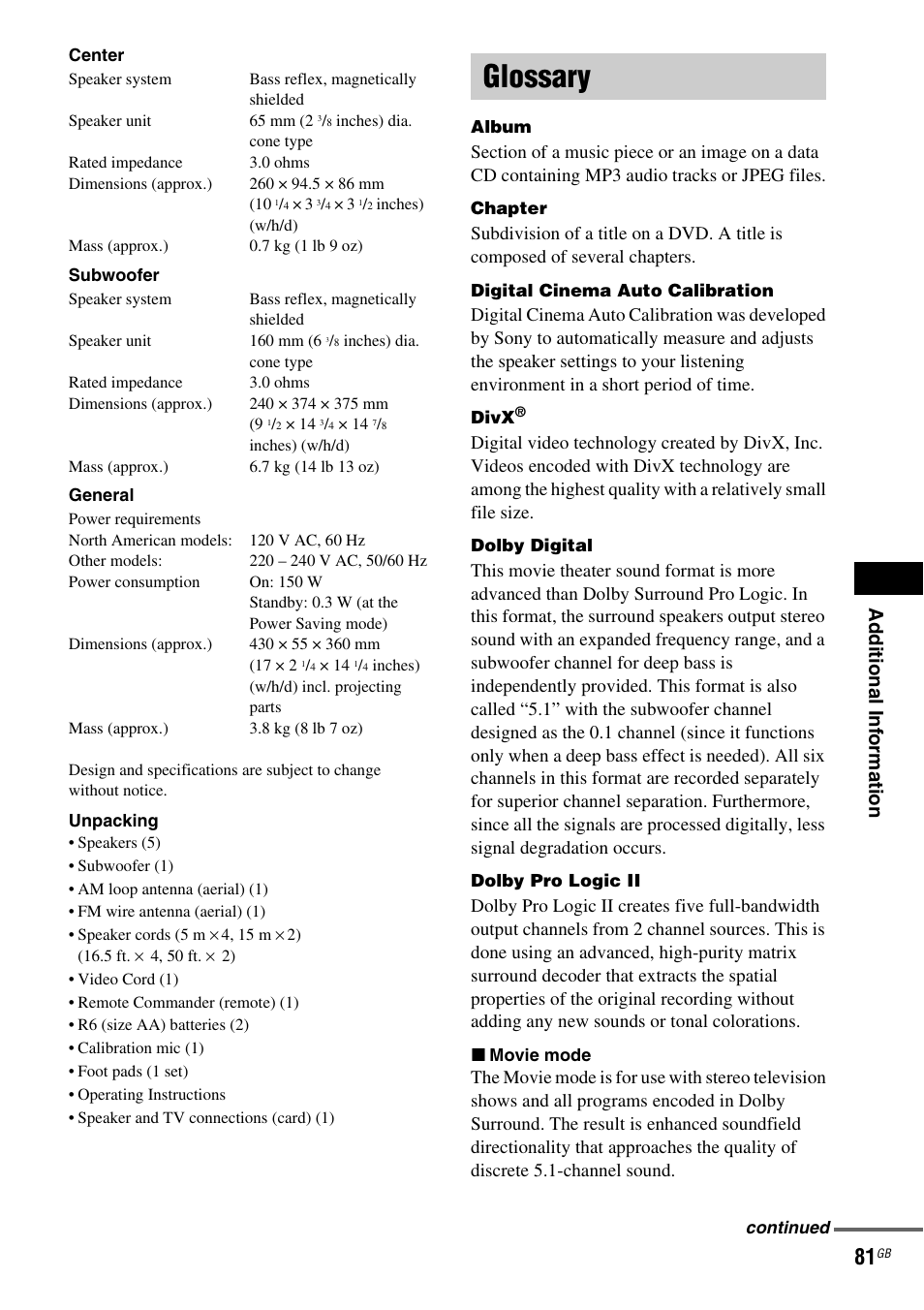 Glossary, Ad dit ion al i n fo rmatio n | Sony DAV-DZ120 User Manual | Page 81 / 96