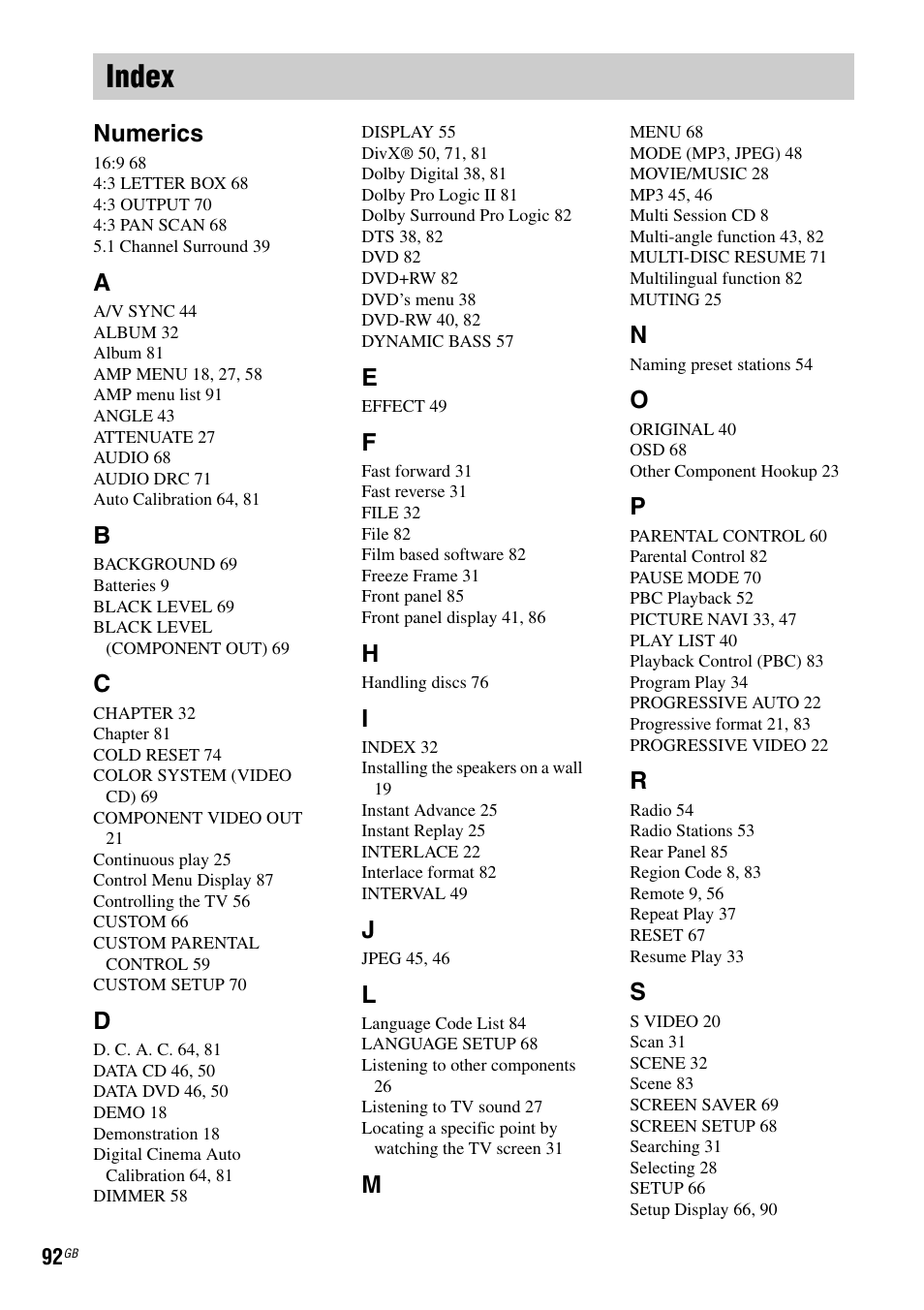 Index, Numerics | Sony DAV-DZ120 User Manual | Page 92 / 96