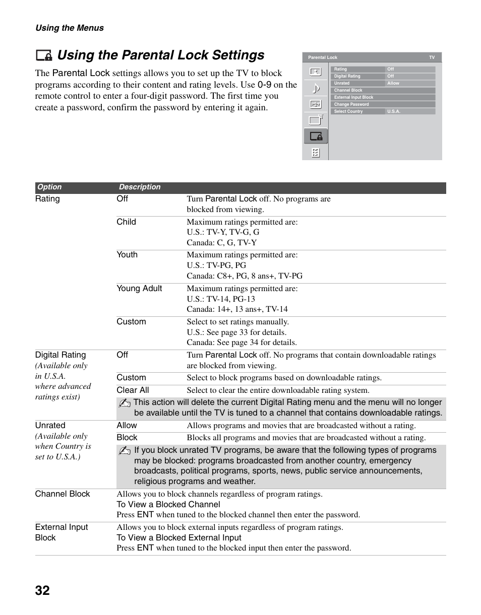 Using the parental lock settings, 32 an, 32 using the parental lock settings | Sony KDL-40S4100 User Manual | Page 32 / 48