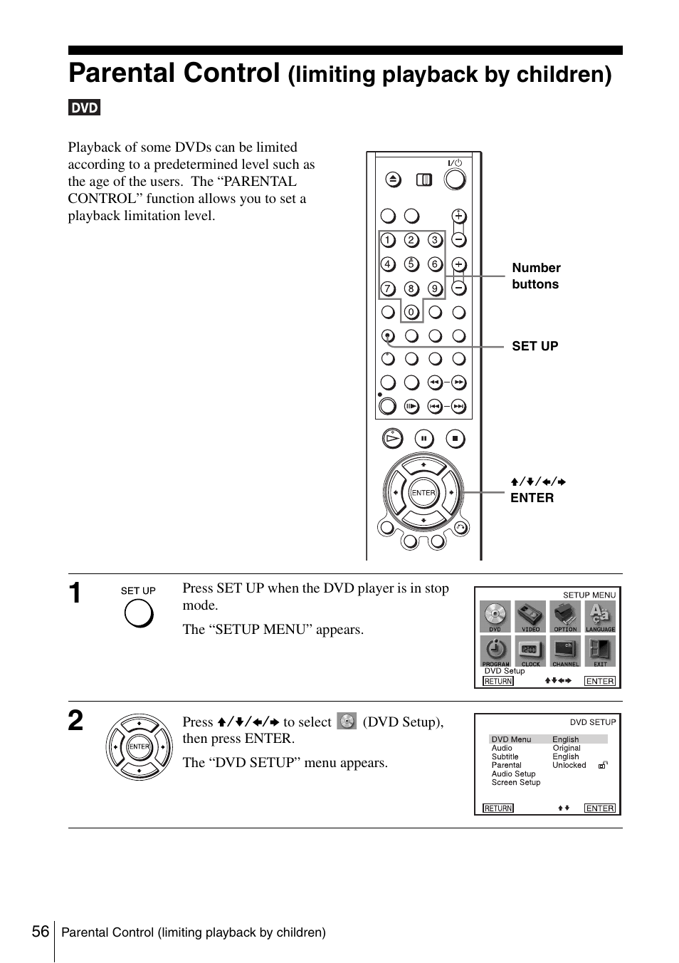 Parental control (limiting playback by children), Parental control, Limiting playback by children) | Sony HT-V1000DP User Manual | Page 56 / 108