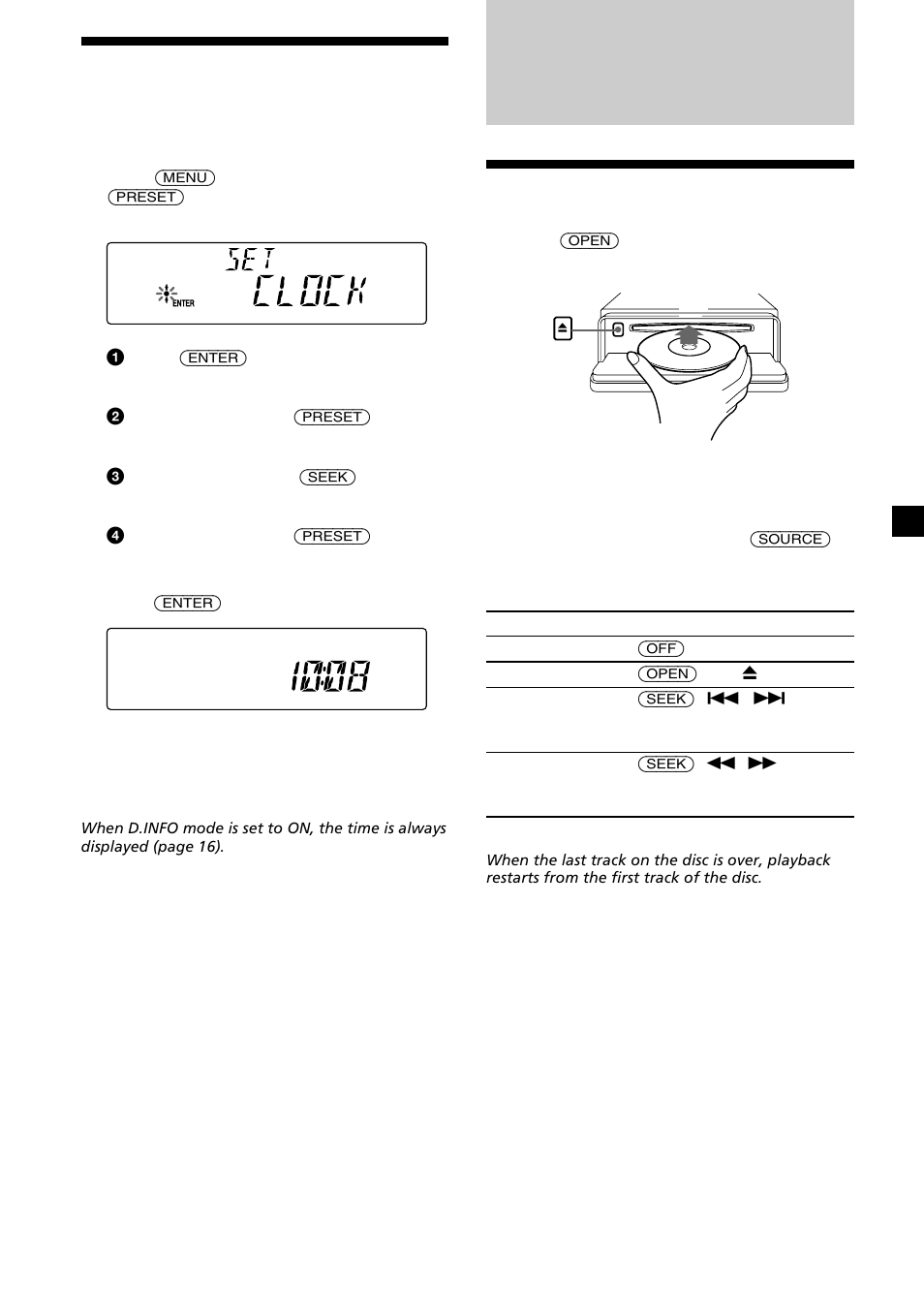 Cd player, 9setting the clock, Playing a disc | Sony CDX-L630X User Manual | Page 9 / 44