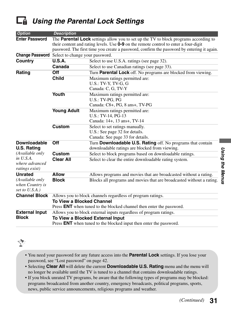 Using the parental lock settings, 31 using the parental lock settings | Sony KDL-32L504 User Manual | Page 31 / 48
