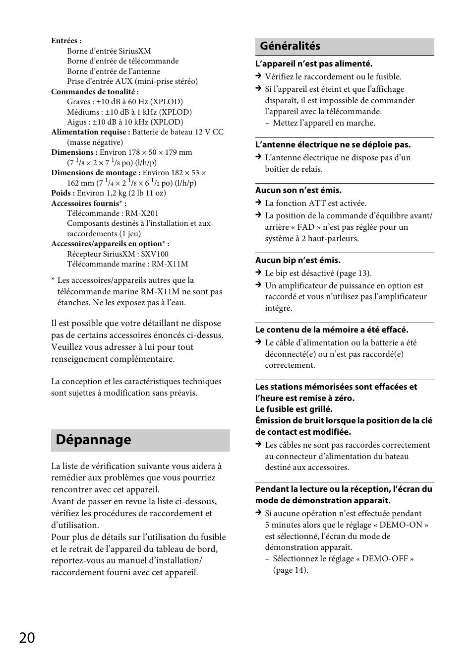 Dépannage, Généralités | Sony CDX-M20 User Manual | Page 42 / 68