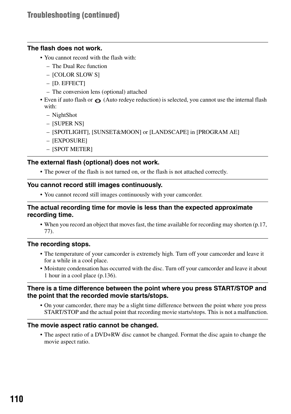 Troubleshooting (continued) | Sony DCR-DVD505 User Manual | Page 110 / 152