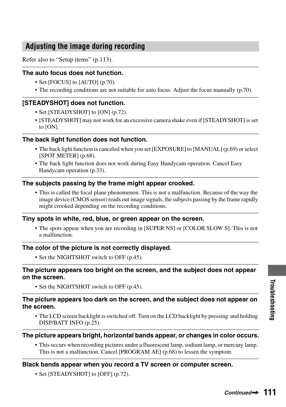 Adjusting the image during recording | Sony DCR-DVD505 User Manual | Page 111 / 152