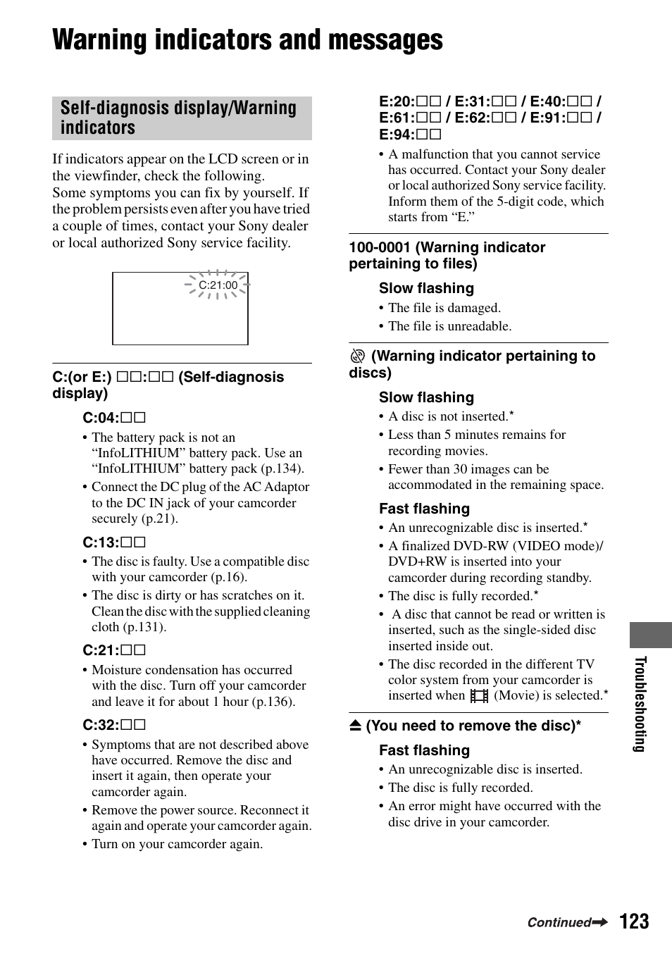 Warning indicators and messages, P.123), Self-diagnosis display/warning indicators | Sony DCR-DVD505 User Manual | Page 123 / 152