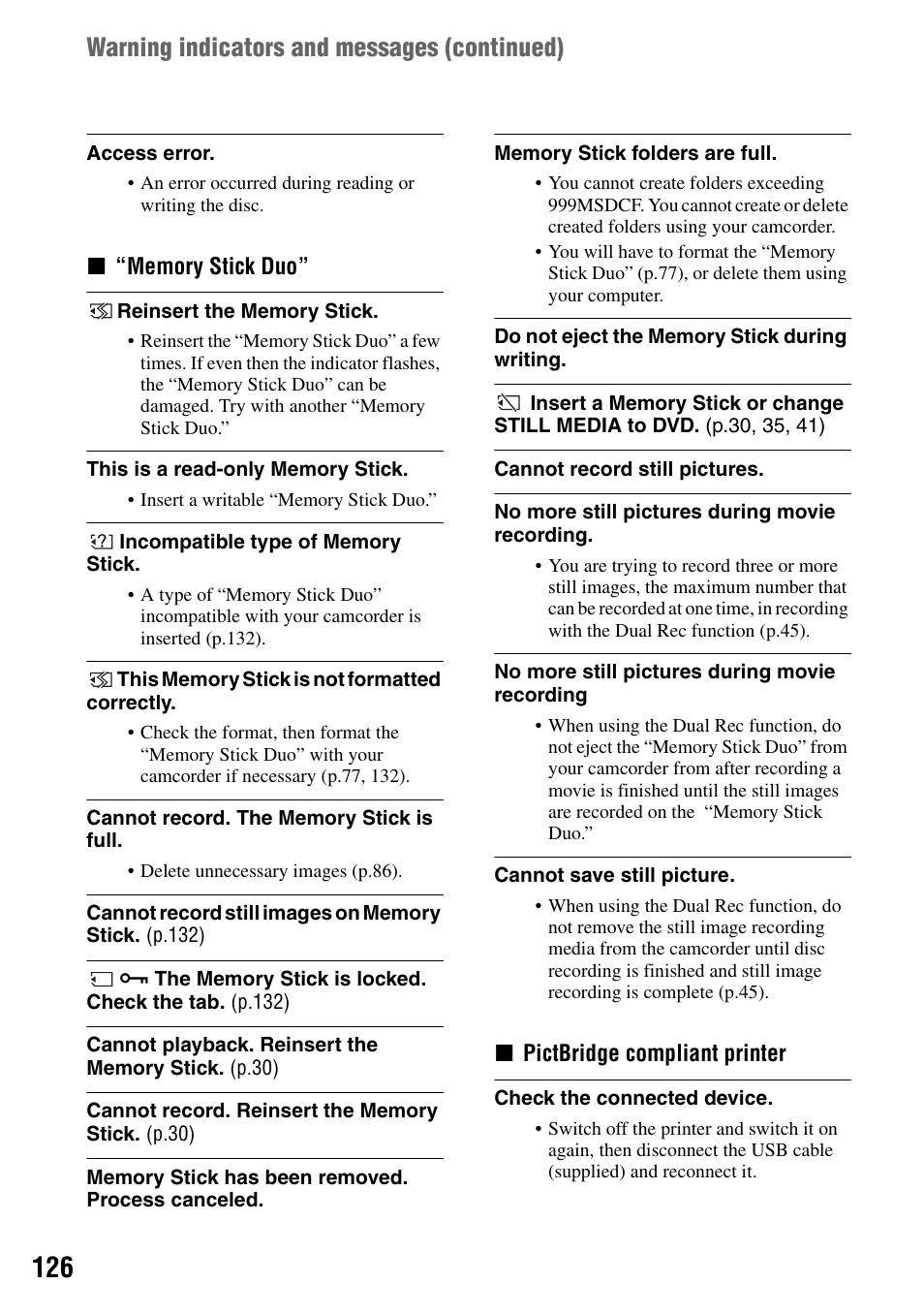 Warning indicators and messages (continued) | Sony DCR-DVD505 User Manual | Page 126 / 152