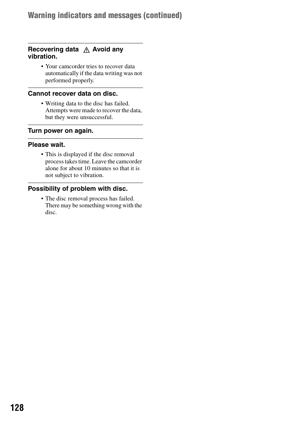 Warning indicators and messages (continued) | Sony DCR-DVD505 User Manual | Page 128 / 152