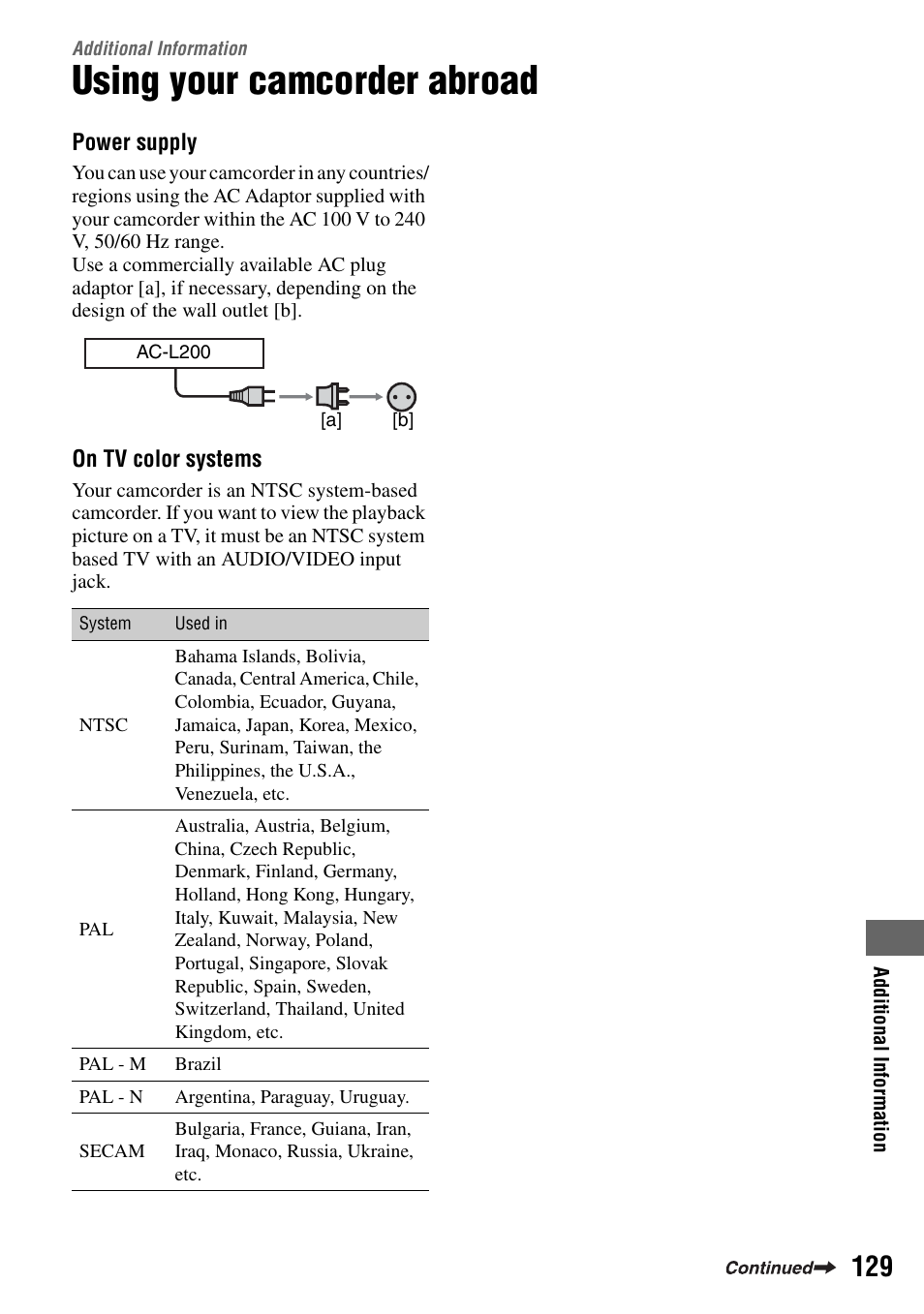 Additional information, Using your camcorder abroad | Sony DCR-DVD505 User Manual | Page 129 / 152