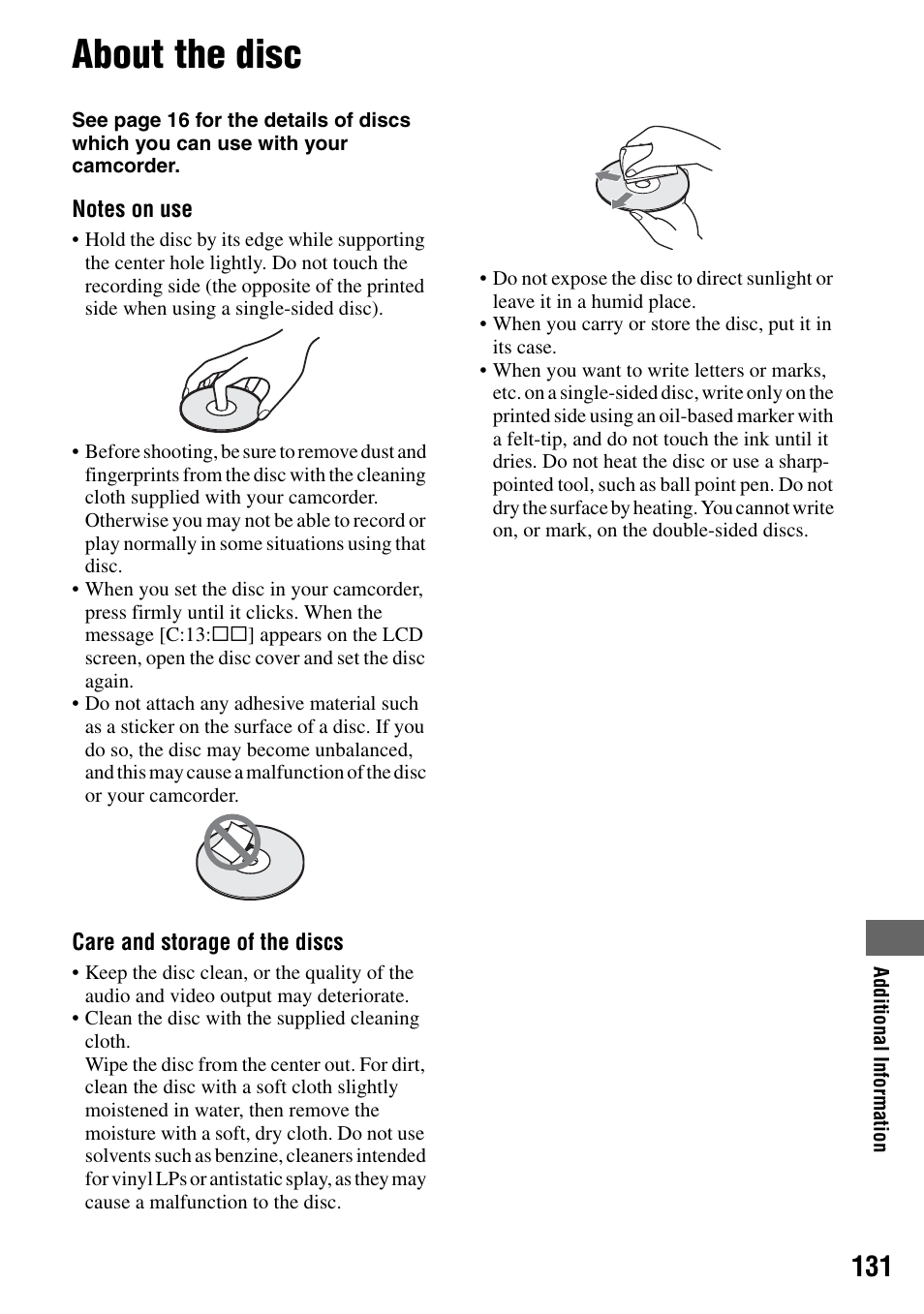 About the disc, R (p.131, P.131) | H (p.131 | Sony DCR-DVD505 User Manual | Page 131 / 152