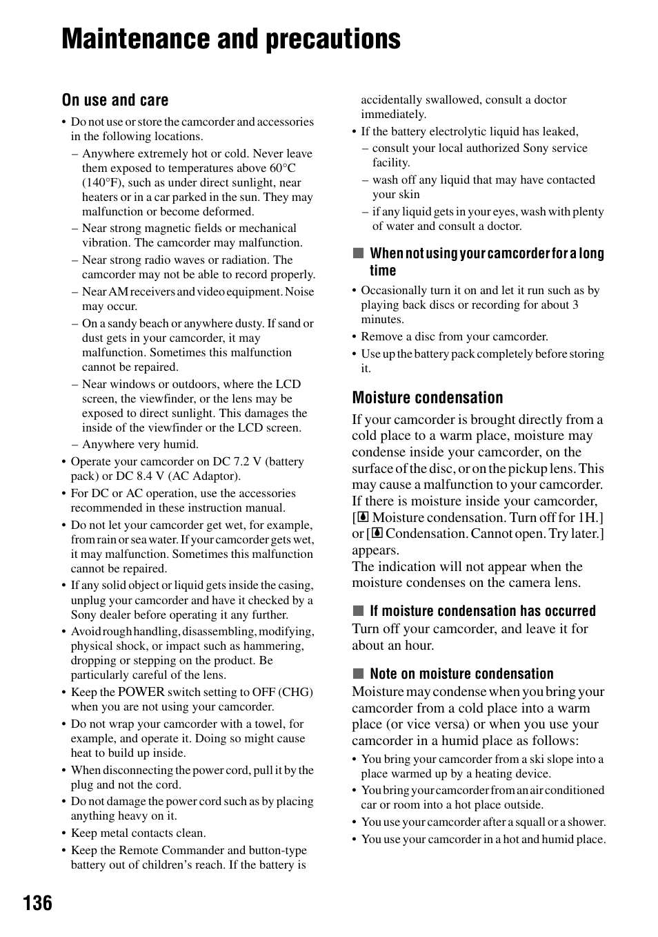 Maintenance and precautions, P.136), P.136 | On use and care, Moisture condensation | Sony DCR-DVD505 User Manual | Page 136 / 152