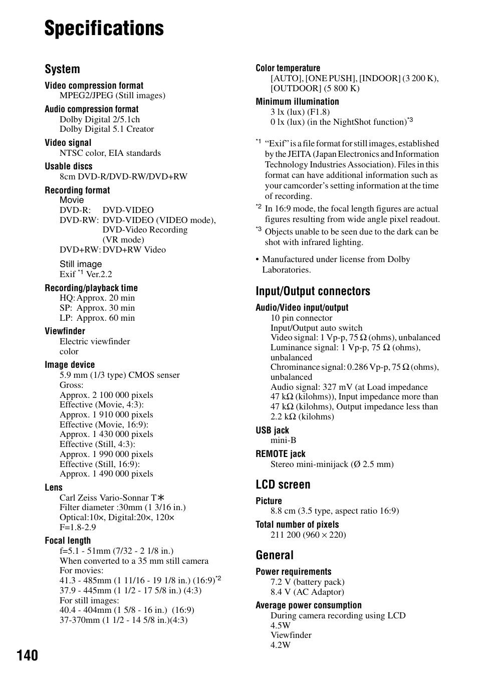 Specifications, System, Input/output connectors | Lcd screen, General | Sony DCR-DVD505 User Manual | Page 140 / 152