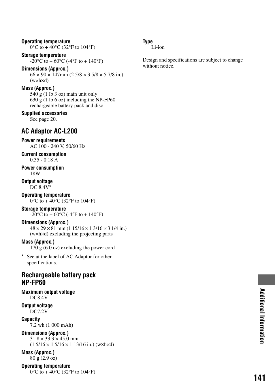 Ac adaptor ac-l200, Rechargeable battery pack np-fp60 | Sony DCR-DVD505 User Manual | Page 141 / 152