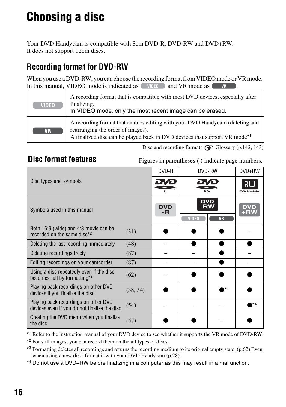 Choosing a disc, Recording format for dvd-rw, Disc format features | Sony DCR-DVD505 User Manual | Page 16 / 152