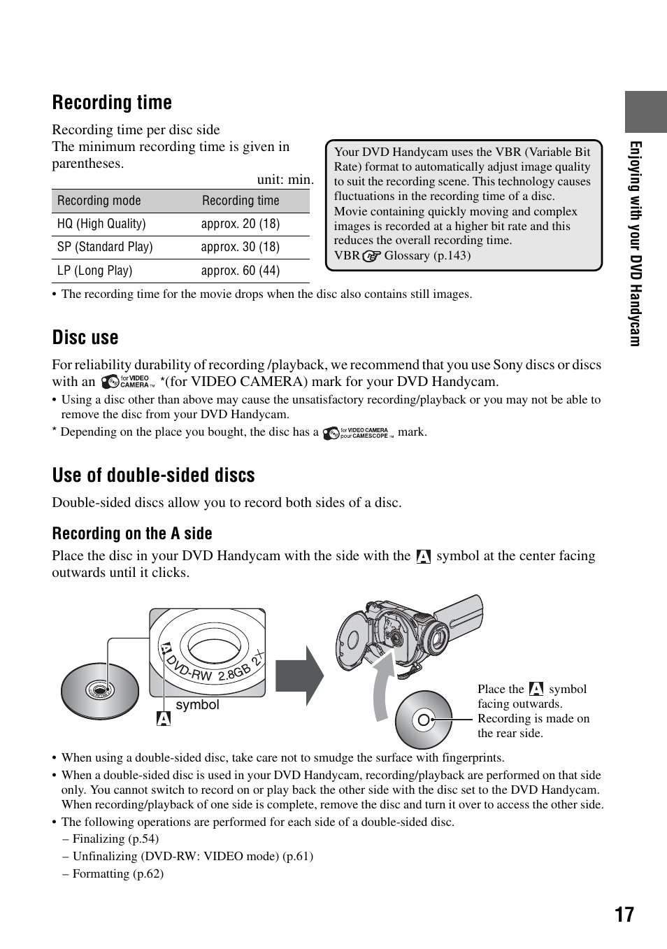 Recording time, Disc use, Use of double-sided discs | Sony DCR-DVD505 User Manual | Page 17 / 152