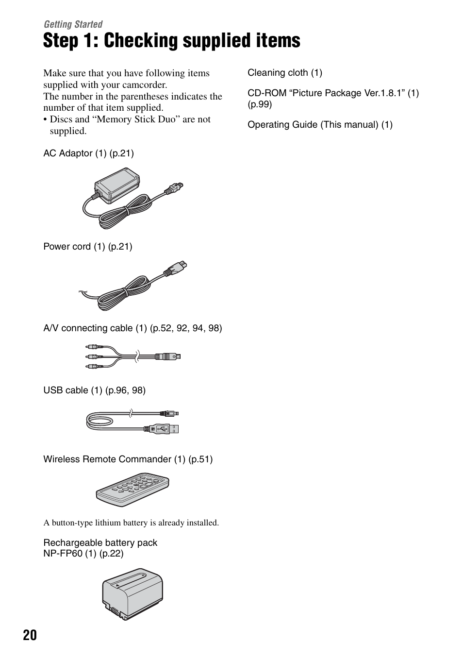 Getting started, Step 1: checking supplied items | Sony DCR-DVD505 User Manual | Page 20 / 152