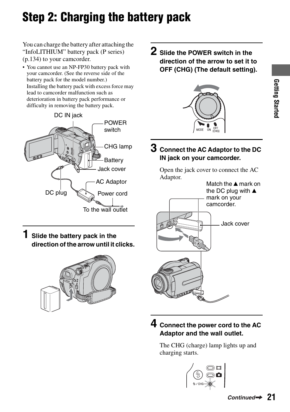 Step 2: charging the battery pack, P.21) | Sony DCR-DVD505 User Manual | Page 21 / 152