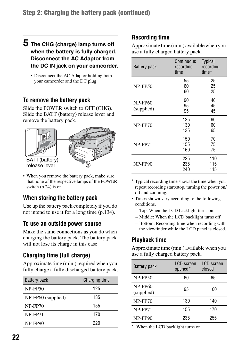 P.22), Step 2: charging the battery pack (continued), When storing the battery pack | Charging time (full charge), Recording time, Playback time | Sony DCR-DVD505 User Manual | Page 22 / 152
