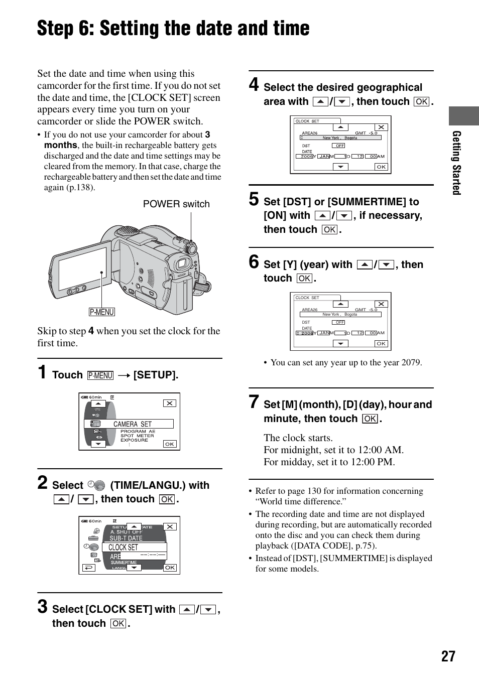 Step 6: setting the date and time | Sony DCR-DVD505 User Manual | Page 27 / 152