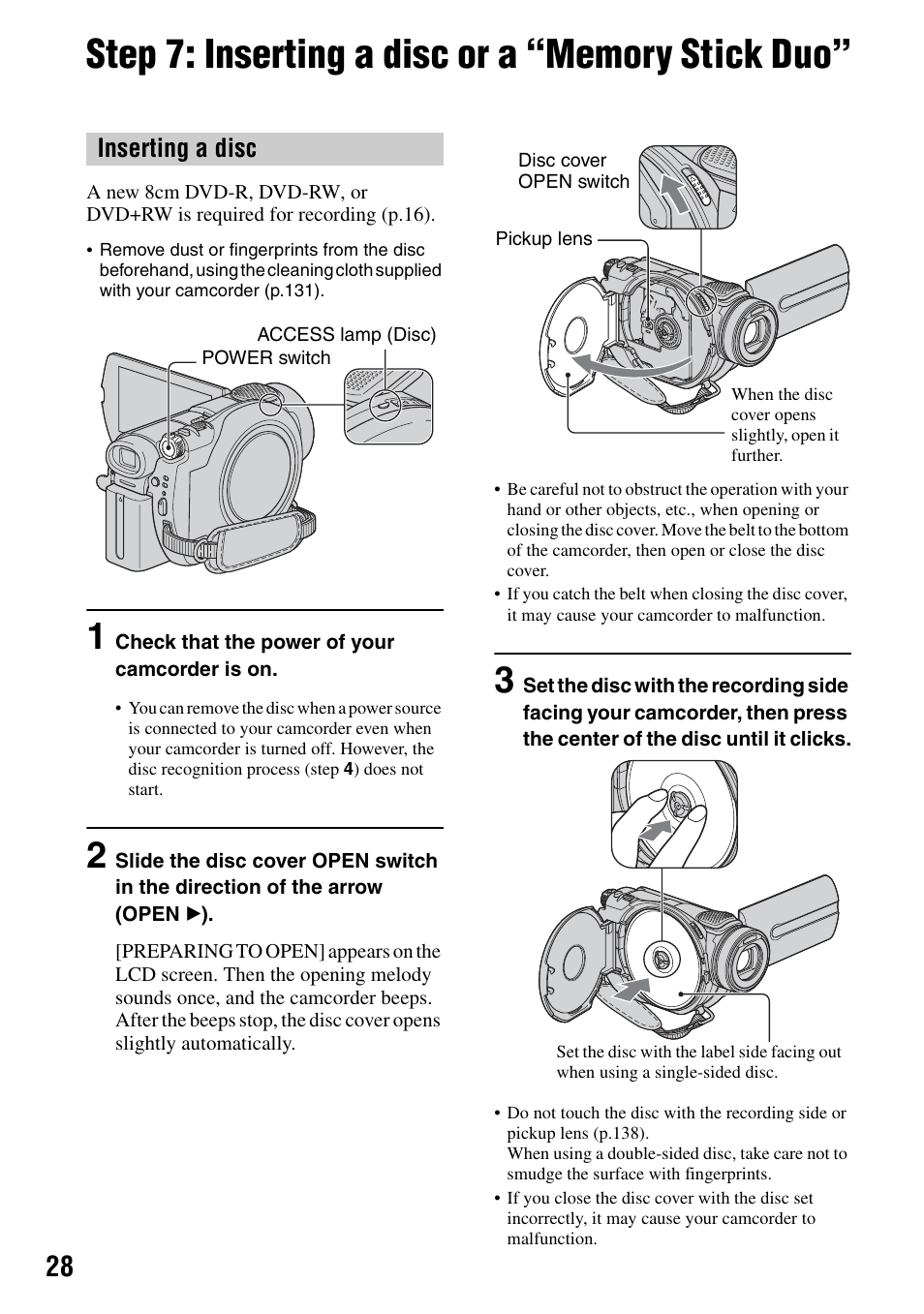 Step 7: inserting a disc or a “memory stick duo, P.28), At (p.28) | Inserting a disc | Sony DCR-DVD505 User Manual | Page 28 / 152