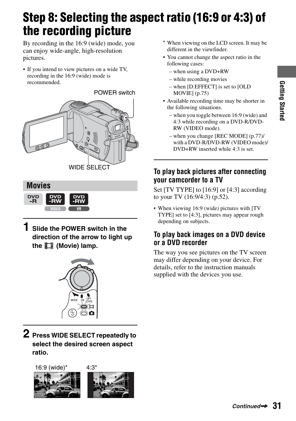 D (p.31, 44, Movies | Sony DCR-DVD505 User Manual | Page 31 / 152
