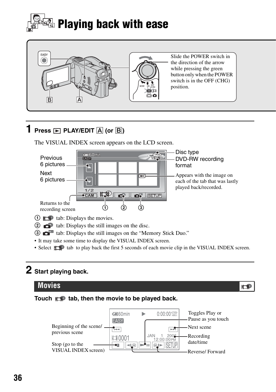 Playing back with ease, En.(p.36, S 36 and 4 | P.36, Movies | Sony DCR-DVD505 User Manual | Page 36 / 152