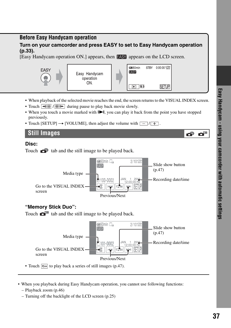 Still images, Before easy handycam operation | Sony DCR-DVD505 User Manual | Page 37 / 152