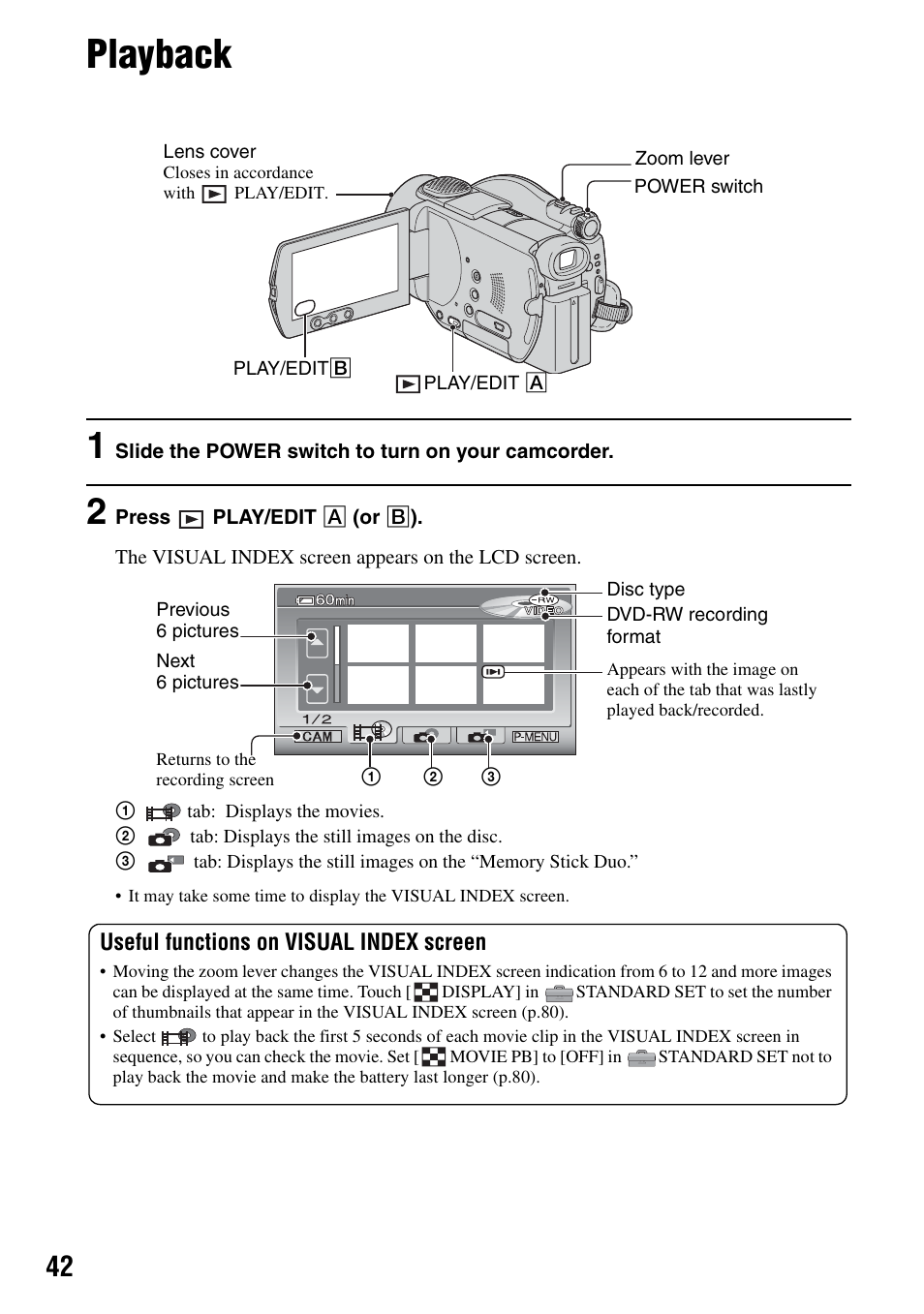 Playback | Sony DCR-DVD505 User Manual | Page 42 / 152