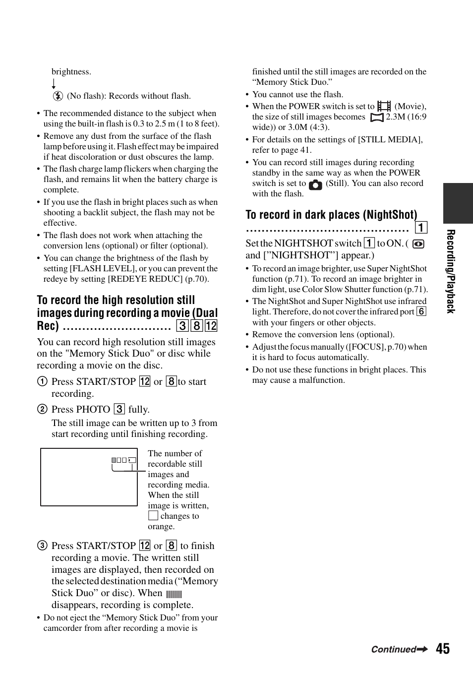 To record in dark places (nightshot) | Sony DCR-DVD505 User Manual | Page 45 / 152