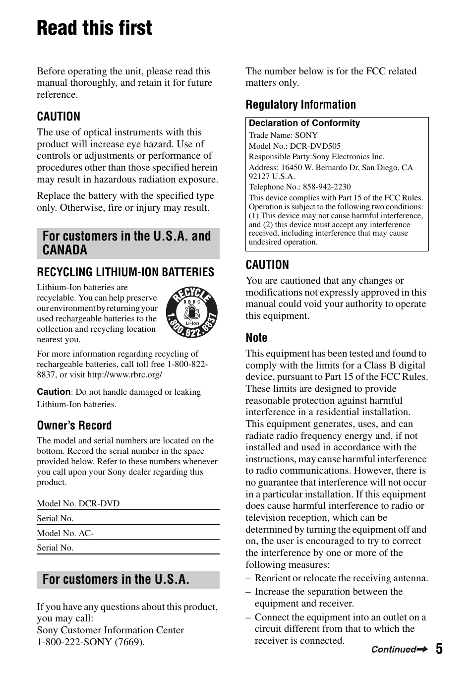 Read this first, For customers in the u.s.a. and canada, For customers in the u.s.a | Sony DCR-DVD505 User Manual | Page 5 / 152