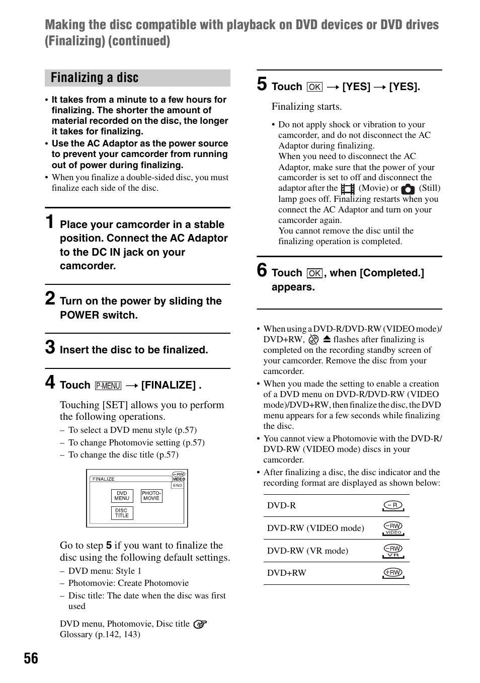 P.56), Ing (p.56), Finalizing a disc | Sony DCR-DVD505 User Manual | Page 56 / 152