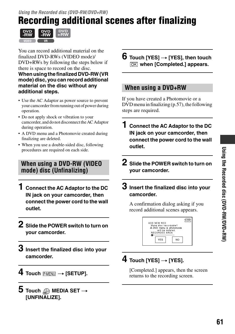 Using the recorded disc (dvd-rw/dvd+rw), Recording additional scenes after finalizing, Using the recorded disc | Ode) (p.61), Gs (p.61), Disc (p.61) | Sony DCR-DVD505 User Manual | Page 61 / 152