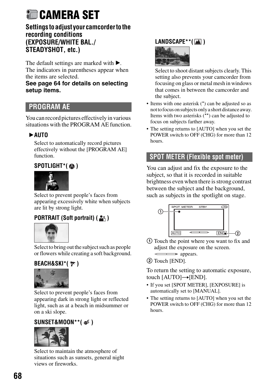 Camera set, P.68), Program ae | Spot meter (flexible spot meter) | Sony DCR-DVD505 User Manual | Page 68 / 152
