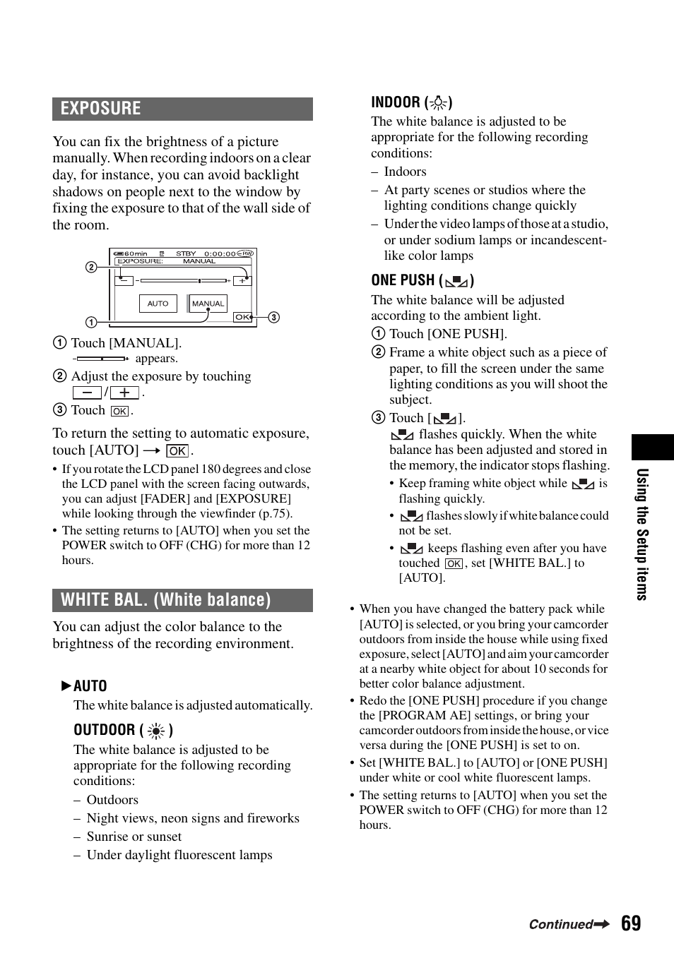 Nder (p.69, Exposure white bal. (white balance) | Sony DCR-DVD505 User Manual | Page 69 / 152