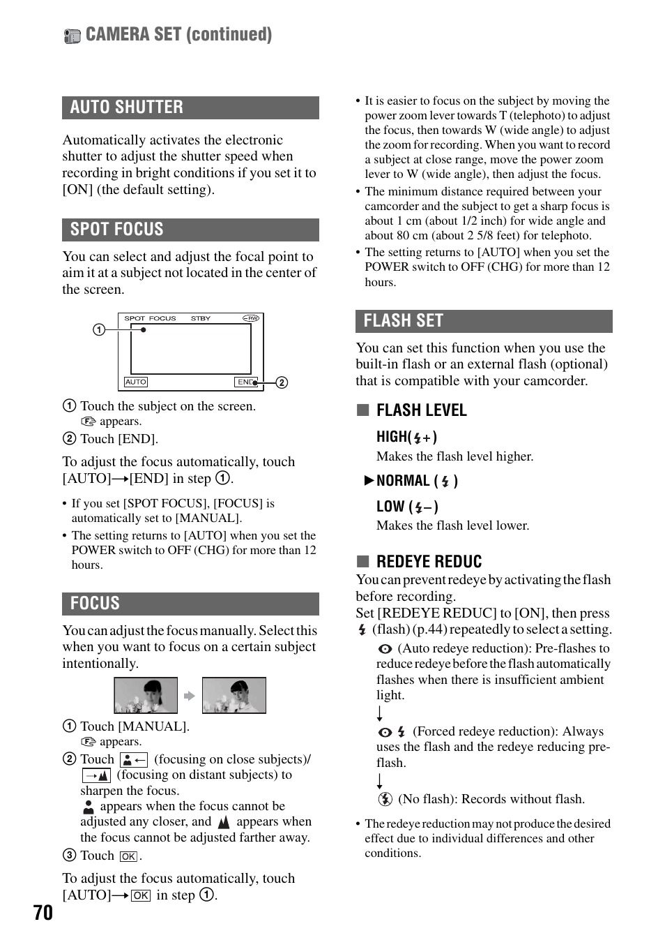P.70), Us], p.70) when, Camera set (continued) | Auto shutter spot focus focus flash set | Sony DCR-DVD505 User Manual | Page 70 / 152