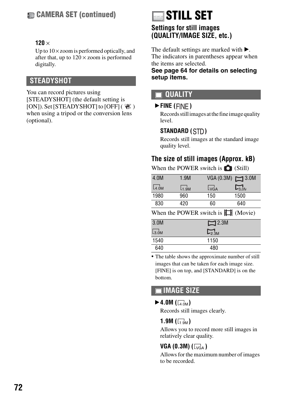 Still set, Fine] (p.72), Al zoom] (p.72) if you w | F (72), P.72), Camera set (continued), Steadyshot, Quality, Image size | Sony DCR-DVD505 User Manual | Page 72 / 152