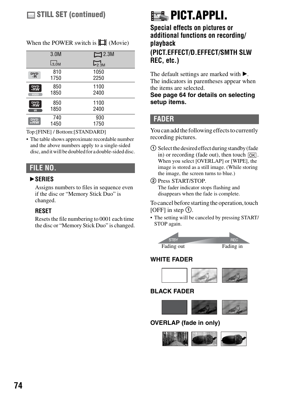 Pict.appli, R (74), P.74) | Still set (continued), File no, Fader | Sony DCR-DVD505 User Manual | Page 74 / 152