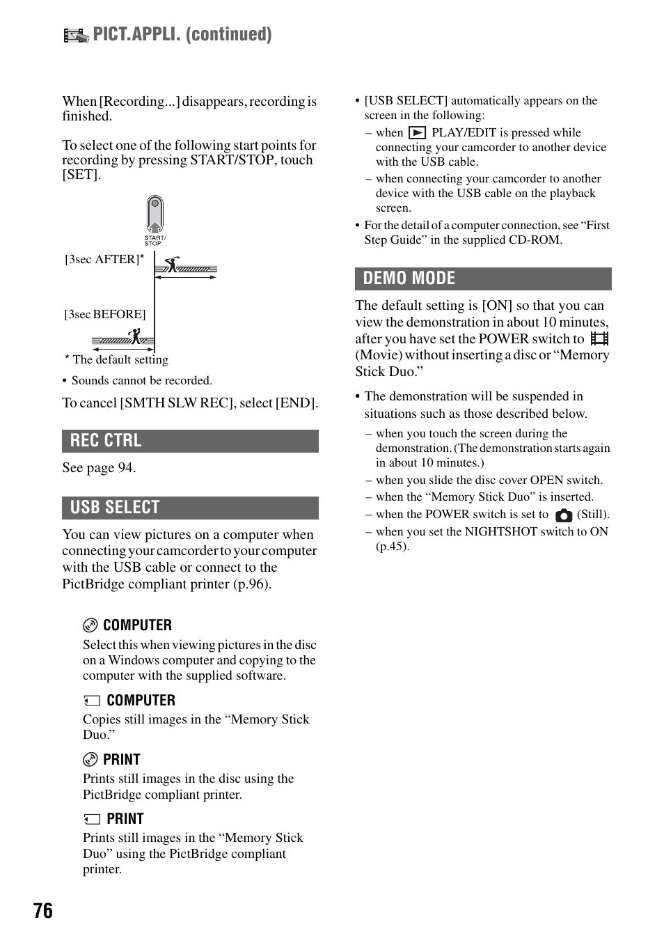 Pict.appli. (continued), Rec ctrl usb select, Demo mode | Sony DCR-DVD505 User Manual | Page 76 / 152