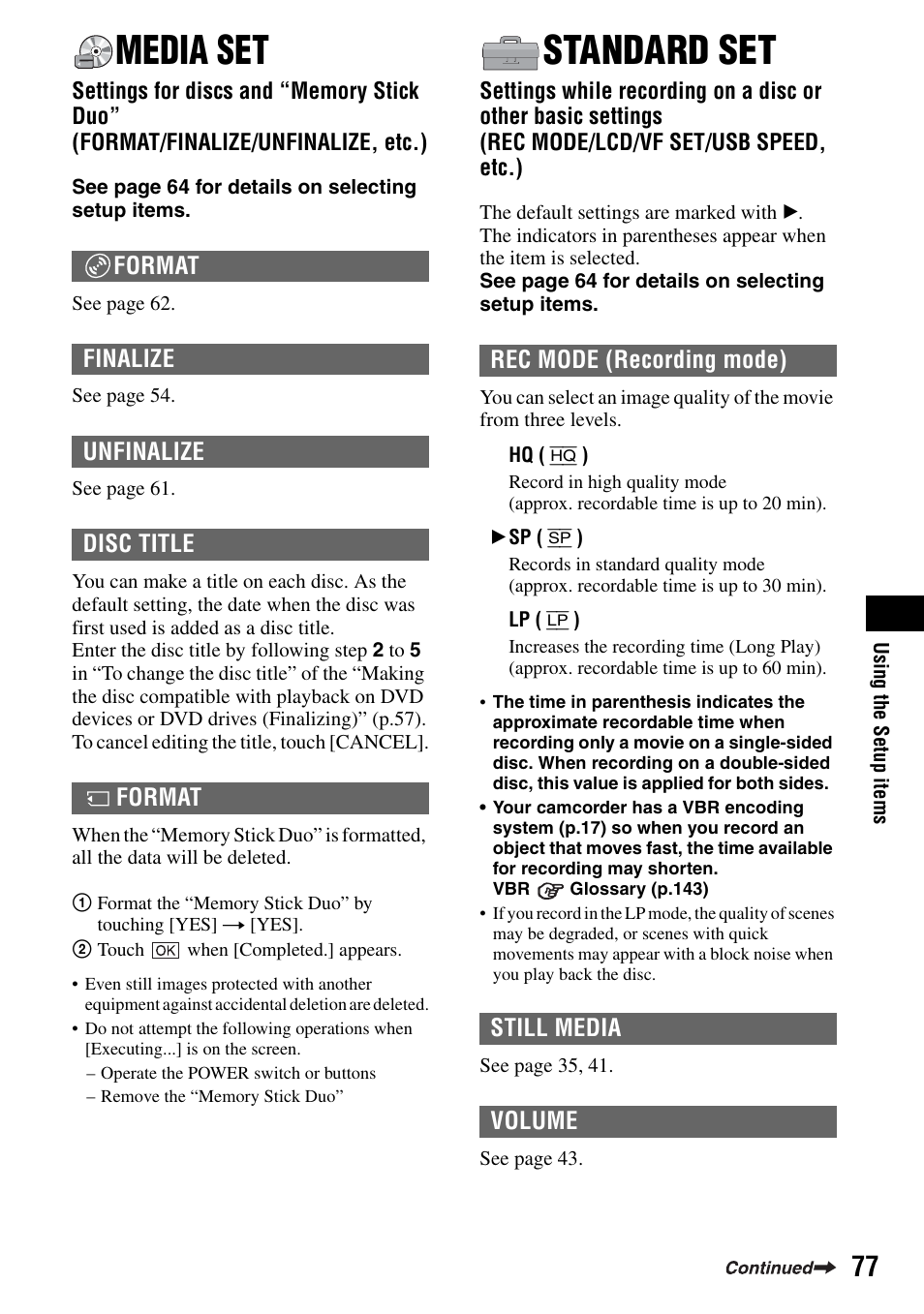 Media set, Standard set, De] (p.77) | P.77) | Sony DCR-DVD505 User Manual | Page 77 / 152