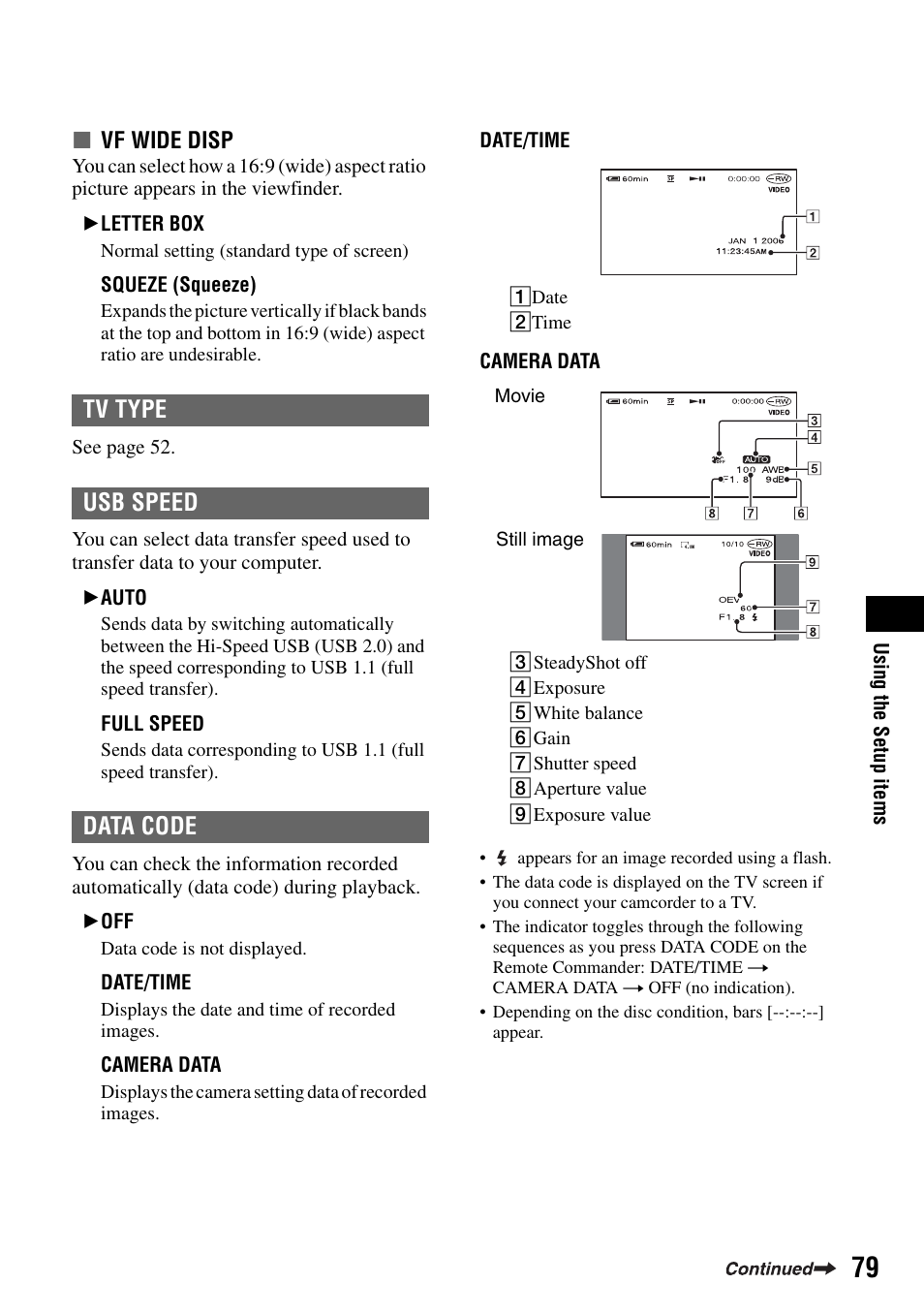 P.79), Ages (p.79), Tv type usb speed data code | Sony DCR-DVD505 User Manual | Page 79 / 152