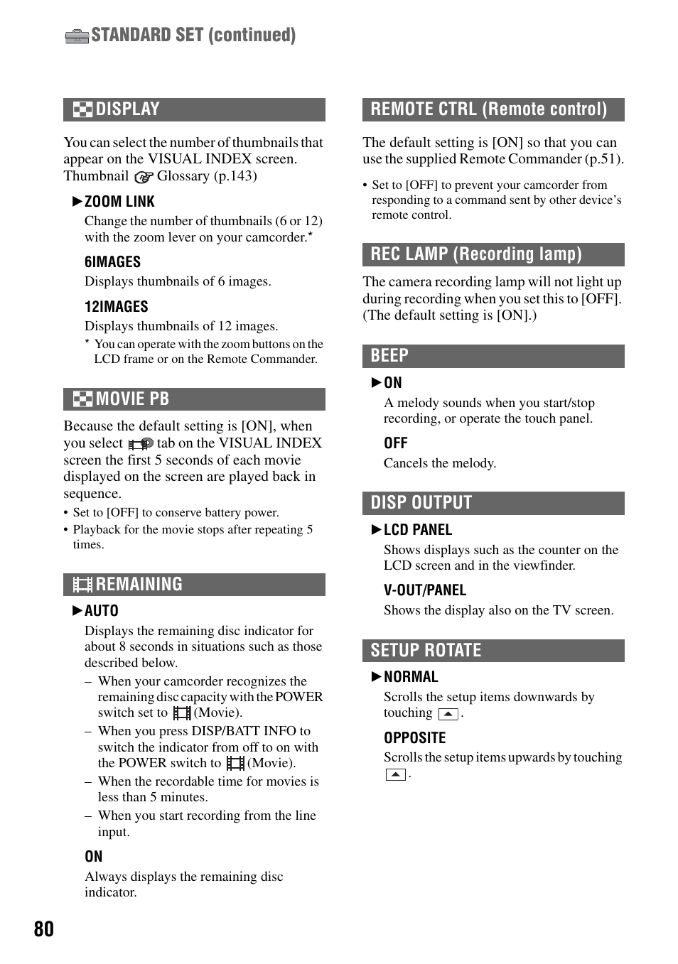G (p.80, P.80), Standard set (continued) | Sony DCR-DVD505 User Manual | Page 80 / 152