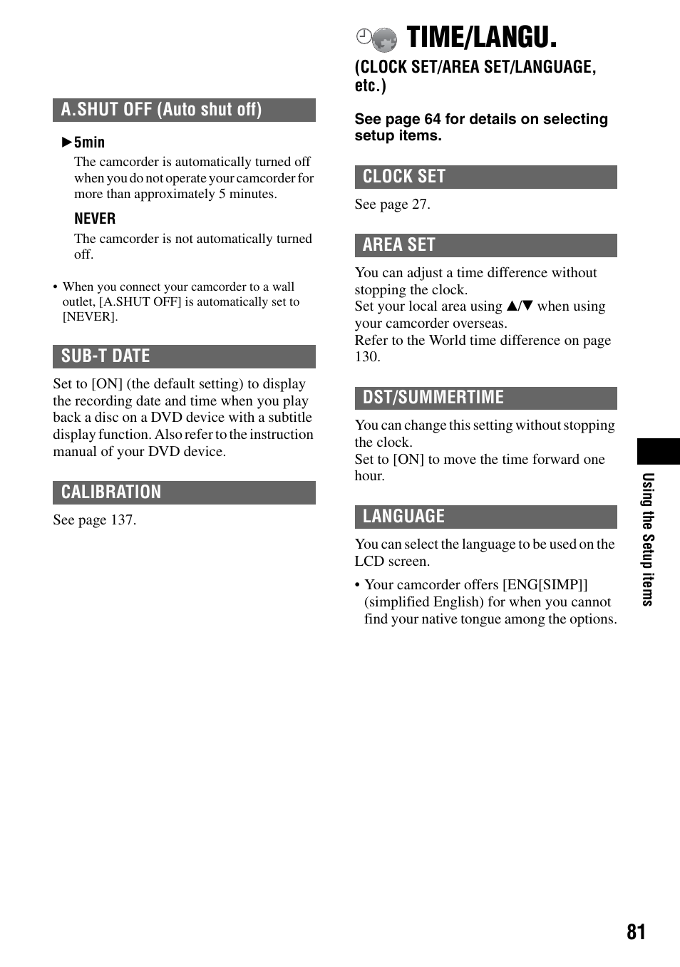 Time/langu, Clock set/area set/lang, P.81) | P.81 | Sony DCR-DVD505 User Manual | Page 81 / 152