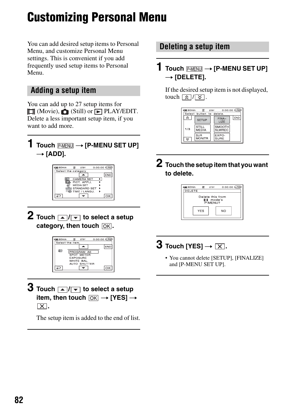 Customizing personal menu | Sony DCR-DVD505 User Manual | Page 82 / 152